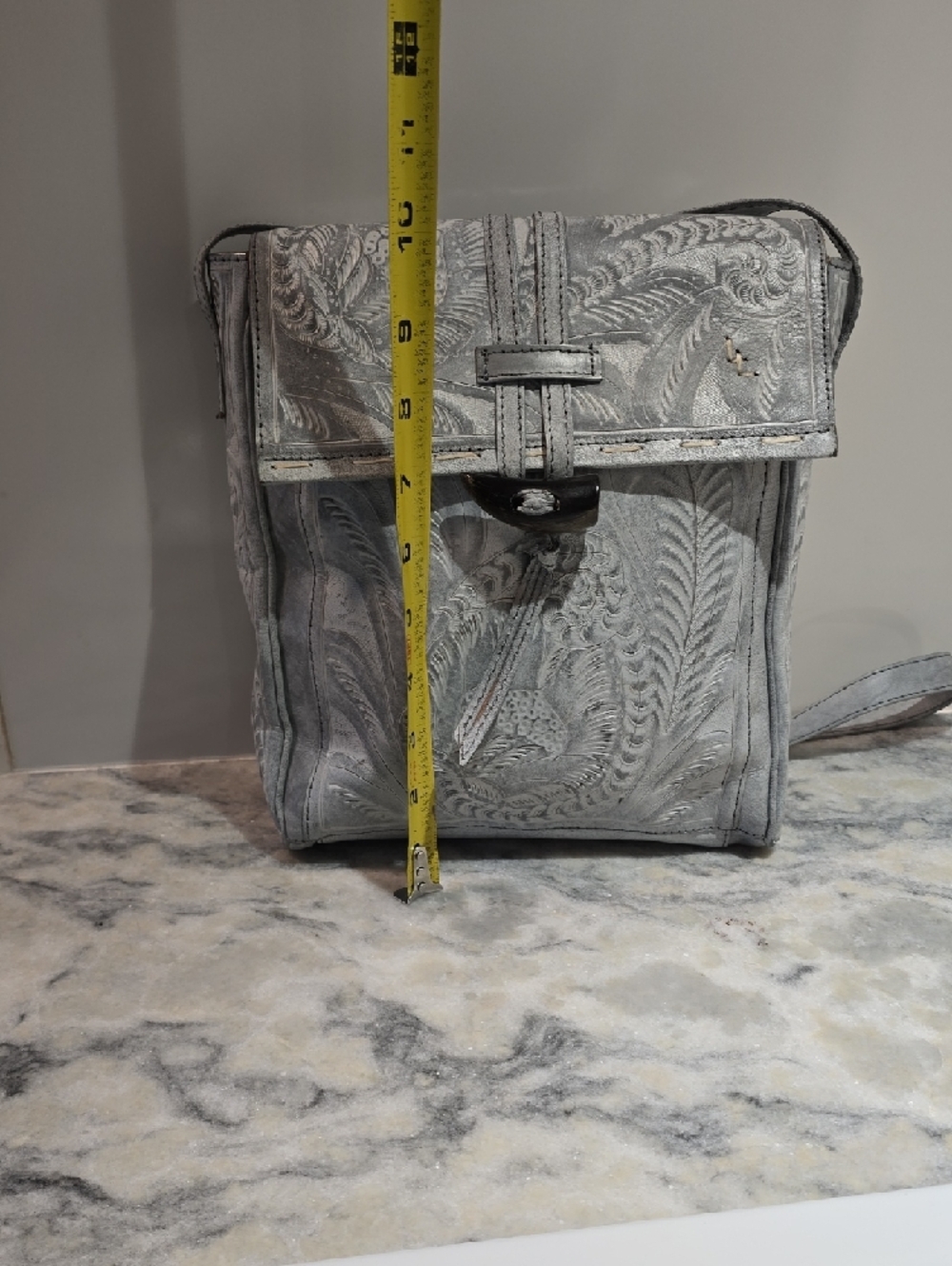 Women's Embossed Leather Crossbody Bag in Light Gray - Picture 5 of 17